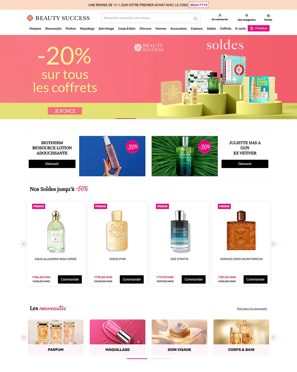 Boutique en ligne Beauty Success : bannière promotionnelle, grille de parfums et cosmétiques avec badges de remise.