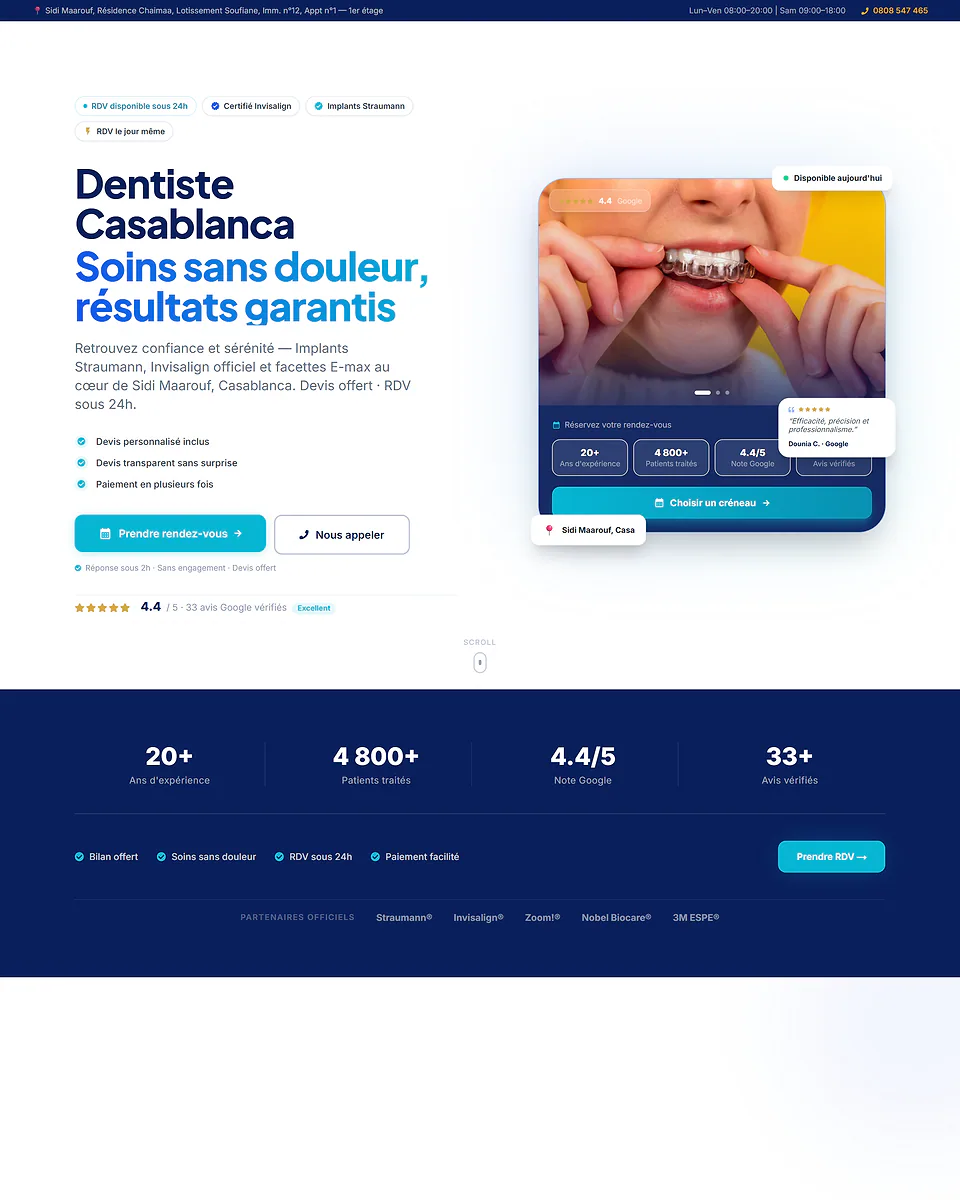 Page d’accueil Dents.ma : landing page d’un cabinet dentaire avec appel à l’action de réservation, badges de confiance et photographie clinique.
