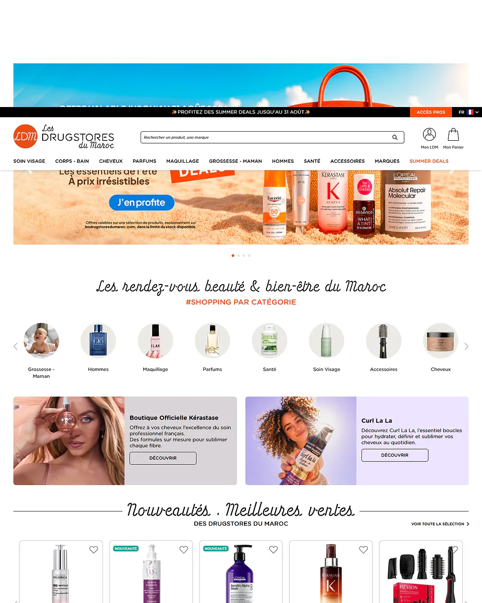 Boutique Les Drugstores du Maroc : navigation e-commerce beauté avec bannières de campagne et grille produits.