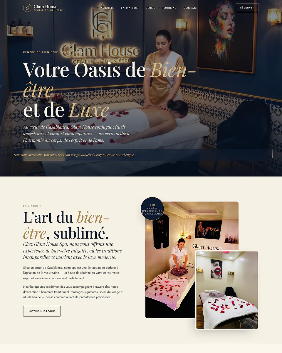 Glam House homepage: a dark editorial hero photograph of a Casablanca wellness centre with serif headline typography.